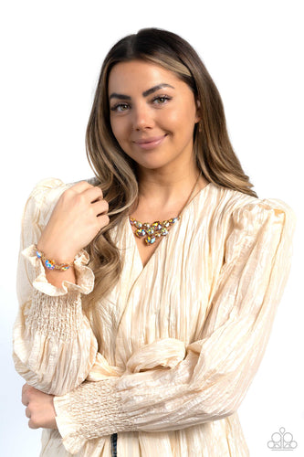 Paparazzi Accessories: Round Royalty Necklace and Twinkling Trio Bracelet - Gold Iridescent SET