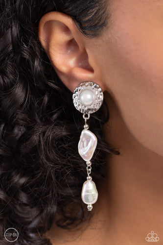 Paparazzi Accessories: Modest MVP - White Iridescent Clip-On Earrings