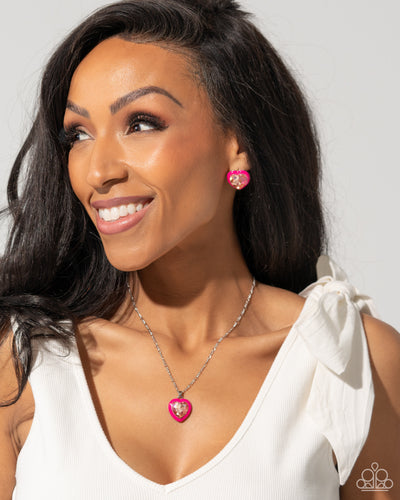 Paparazzi Accessories: Heartfelt Hope Necklace and Heartfelt Haute Earrings - Pink UV Shimmery Heart SET