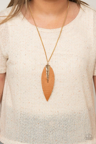 Paparazzi: Quill Quest - Gold/Brown Leather Frame Necklace - Jewels N’ Thingz Boutique