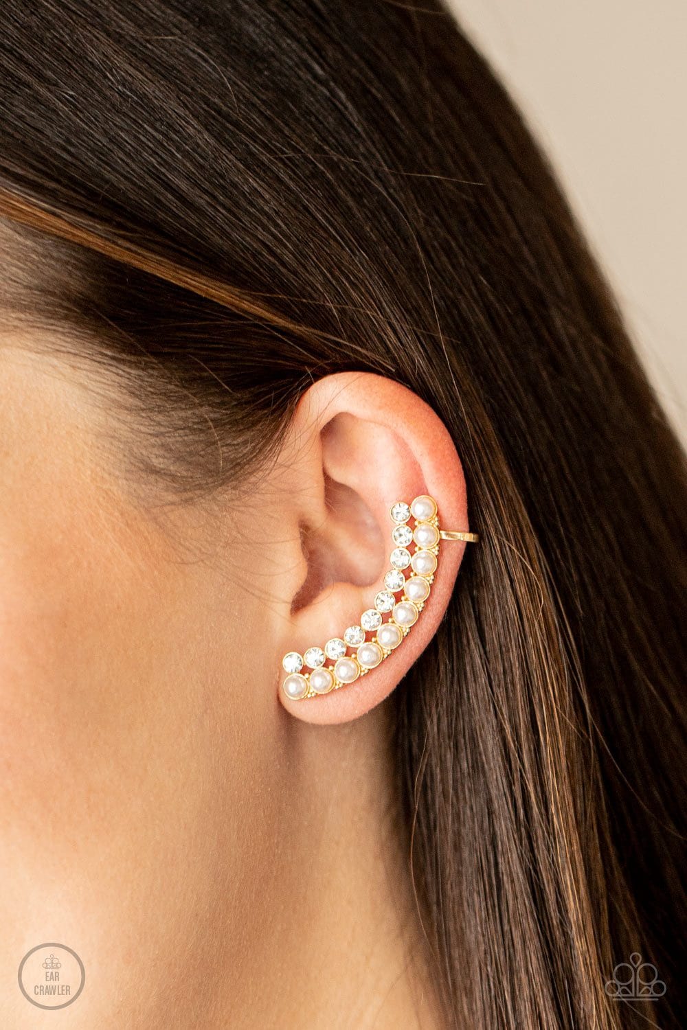 Paparazzi Accessories: Doubled Down On Dazzle - Gold Pearl Ear Crawlers - Jewels N Thingz Boutique