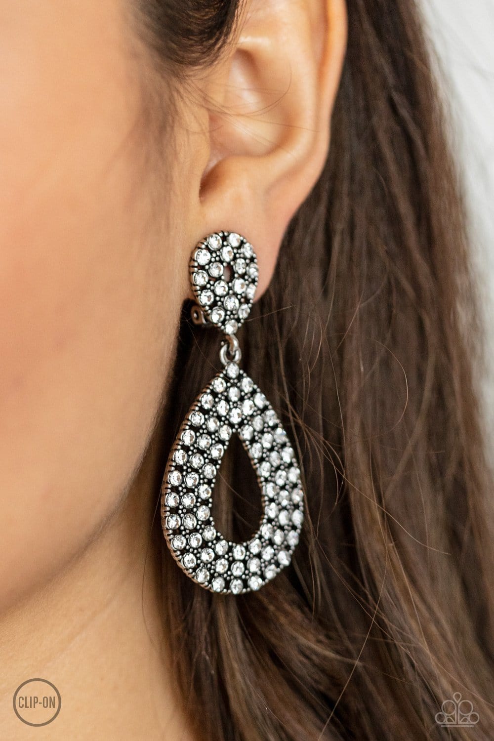 Paparazzi Accessories: Pack In The Pizzazz - White Rhinestone Clip-On Earrings - Jewels N Thingz Boutique