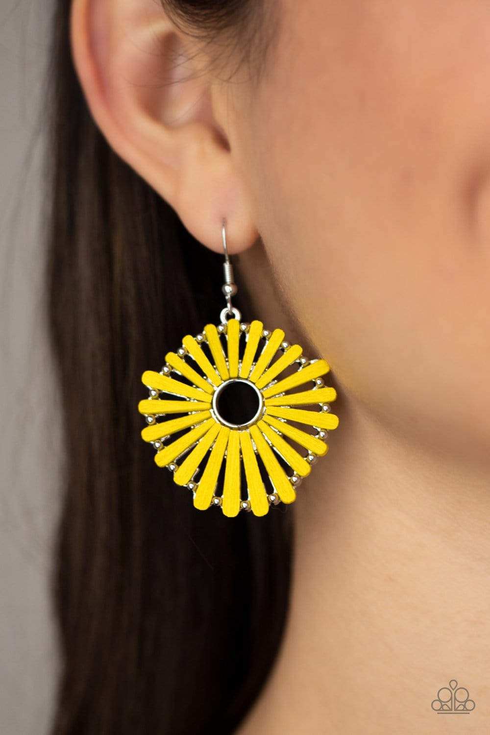 Paparazzi Accessories: SPOKE Too Soon - Yellow Wooden Earrings - Jewels N Thingz Boutique
