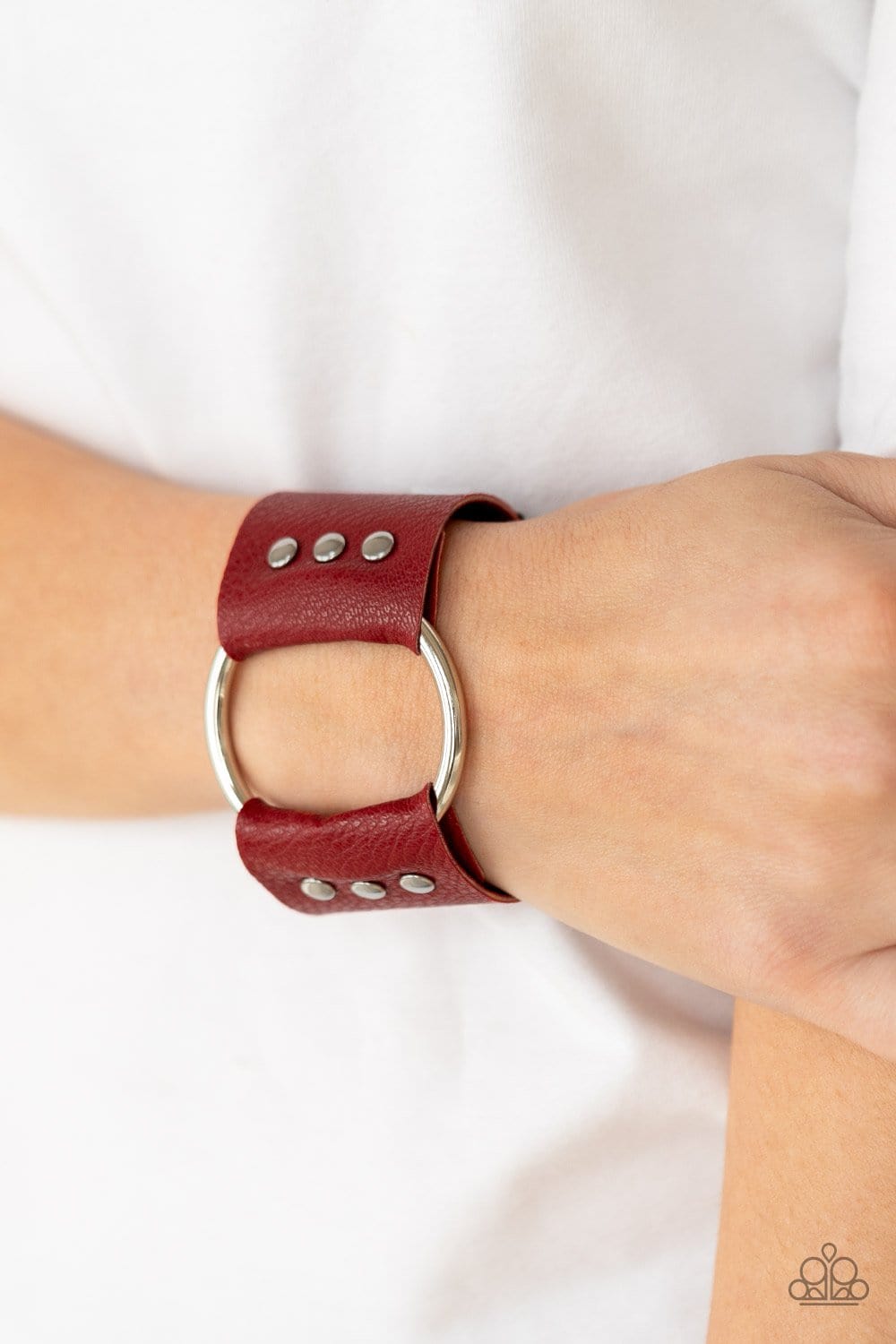 Paparazzi Accessories: Moto Mayhem - Red Leather Bracelet - Jewels N Thingz Boutique