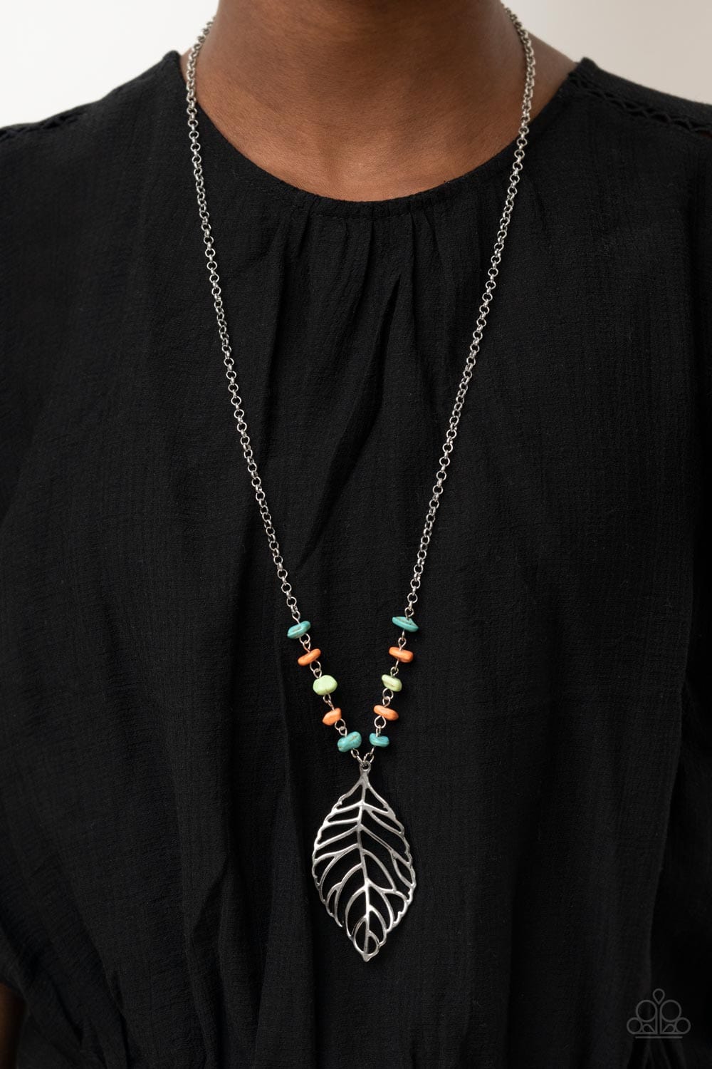 Paparazzi Accessories: Roaming The Riverwalk - Multi Stone & Silver Leaf Necklace - Jewels N Thingz Boutique