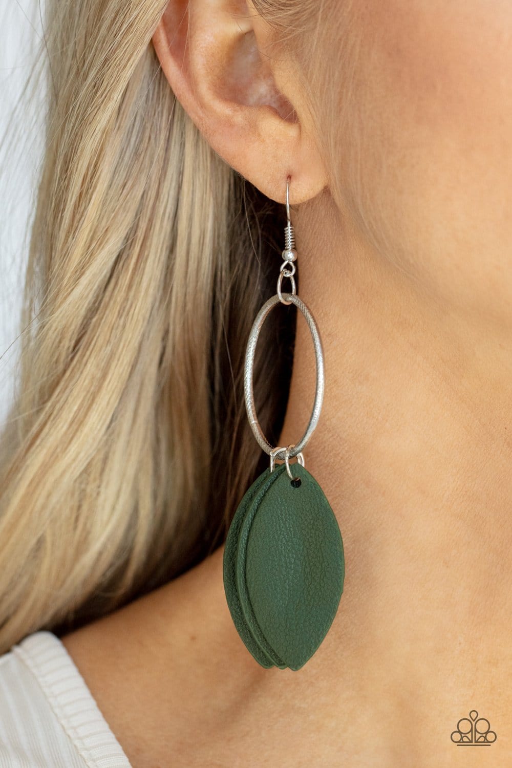 Paparazzi Accessories: Leafy Laguna - Green Leather Earrings - Jewels N Thingz Boutique