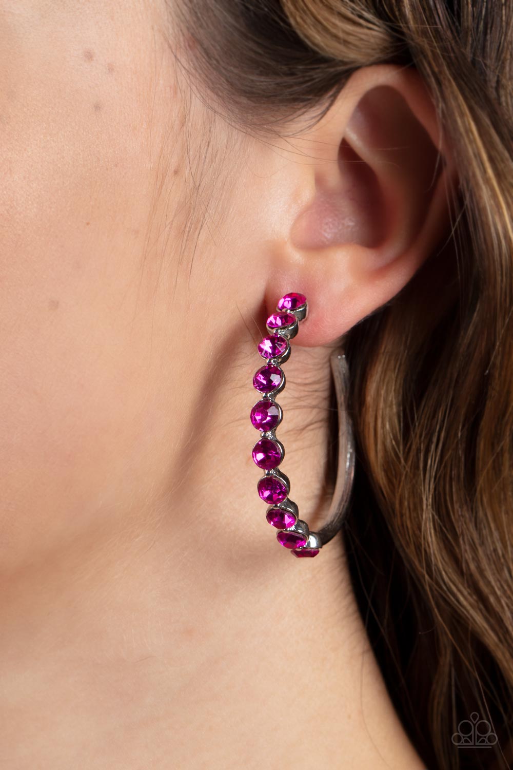 Paparazzi Accessories: Photo Finish - Pink Rhinestone Hoop Earrings