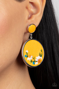 Paparazzi Accessories: Embroidered Gardens - Yellow Leather Earrings