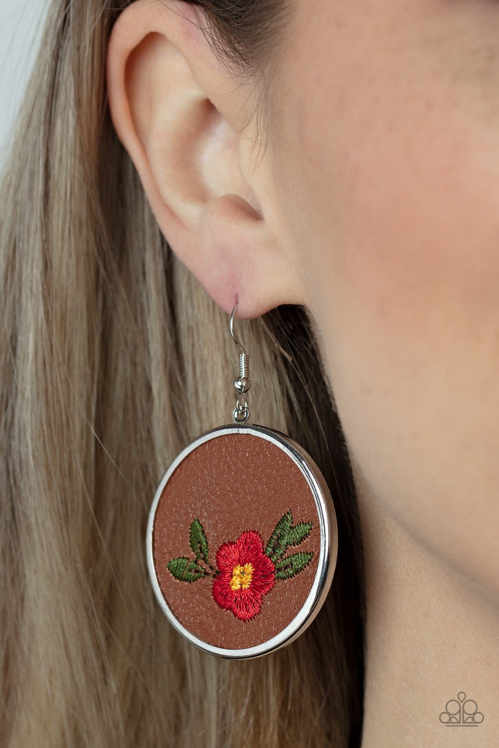 Paparazzi Accessories: Prairie Patchwork - Red Flower Leather Earrings