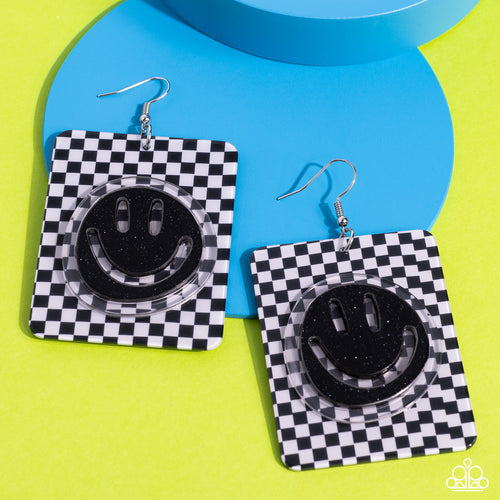 Paparazzi Accessories: Cheeky Checkerboard - Black Smiley Face Earrings