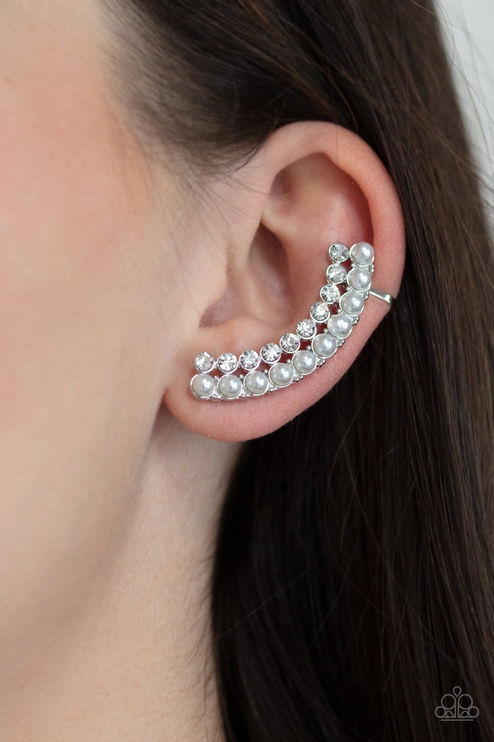 Paparazzi Accessories: Doubled Down On Dazzle - White Pearl Ear Crawlers - Jewels N Thingz Boutique